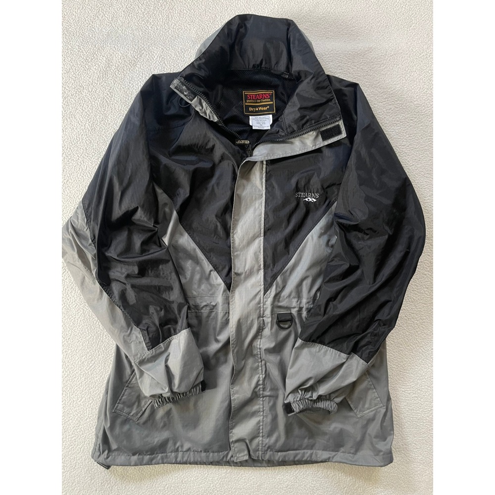 Stearns Mens Medium Rain Jacket Grey Black Dry Wear Ripstop Hooded Coat 8725